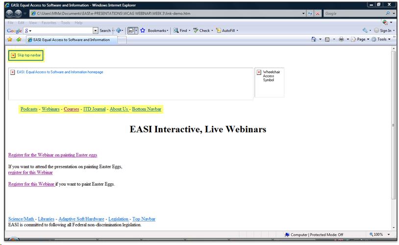 screenshot showing a skip link in EASI's web page