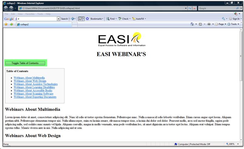 Web page with the table of content expanded screenshot 