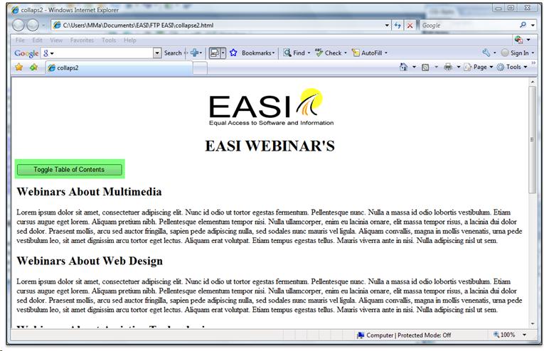 Web page with the toggled table of contents  screenshot