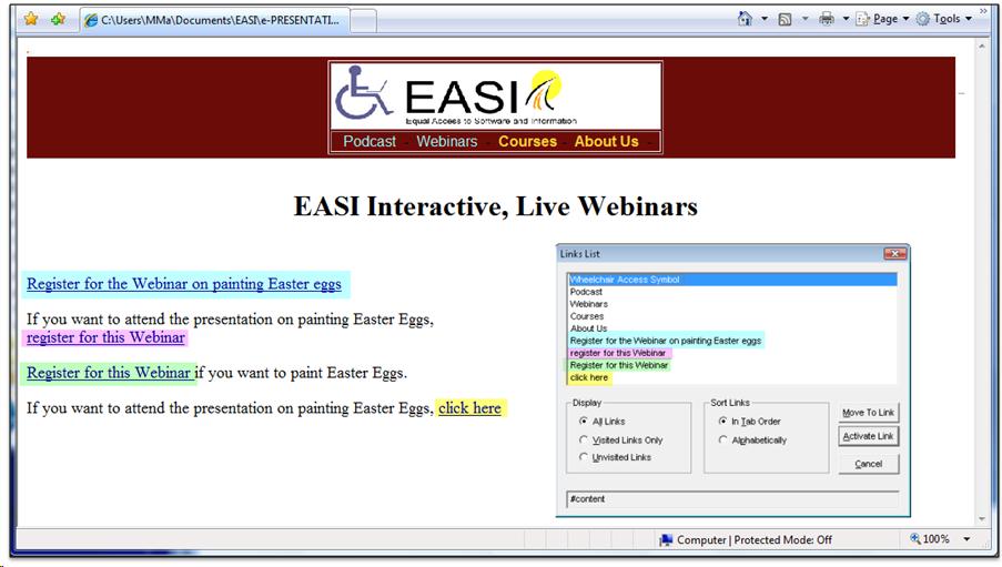 Web page with different kind of links andin the bottom left the links list of Jaws screenshot. 