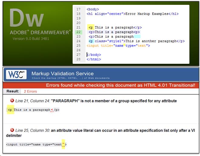 Code with errors in Dreamweaver,  with the validation tool results below it