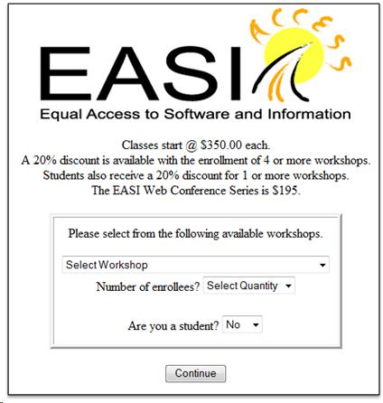 Register form for EASI courses part 1 of 3 Selecting course and number of enrollees