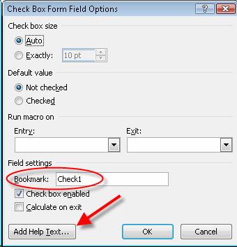 Check box form field options dialog box with Bookmark field circled and an arrow pointing to the Add Help Text button.