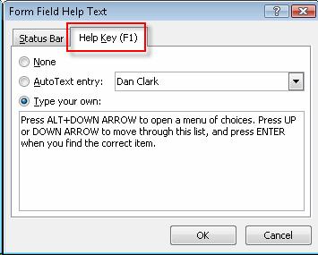 Help Key F1 Help multitab page selected in the Form Field Help Text dialog box. Type your own edit box has additional help on how to select items in a combo box in Word forms.