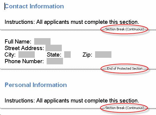 Picture of several continuous section breaks in Word.