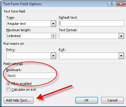 Text form field options dialog box with bookmark field circled and arrow pointing to Add Help Text button.