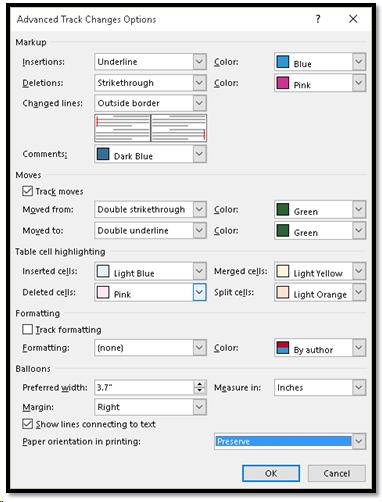 Advanced Track Changes Options dialog.