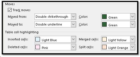 Moves and Table settings in Advanced Track Changes Options dialog.