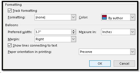 Formatting and Balloon settings in Advanced Track changes dialog.