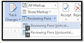 Options for turning on the Reviewing (Revisions) Pane in Word.