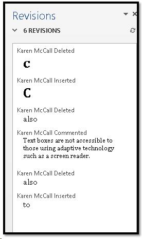 Revisions Pane placed vertically to the left of the document.