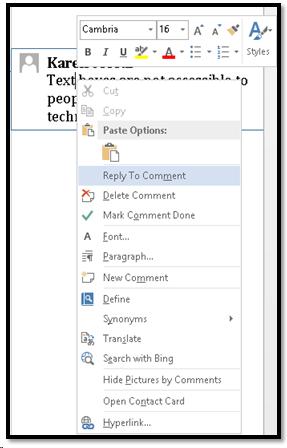 Context menu for a Comment.