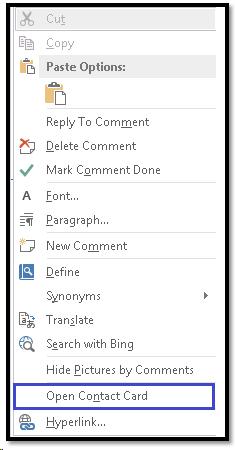 Open Contact Card option in context menu for a Comment.