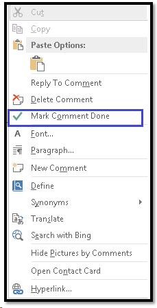 Context menu for a Comment showing the option to Mark Comment as Done.