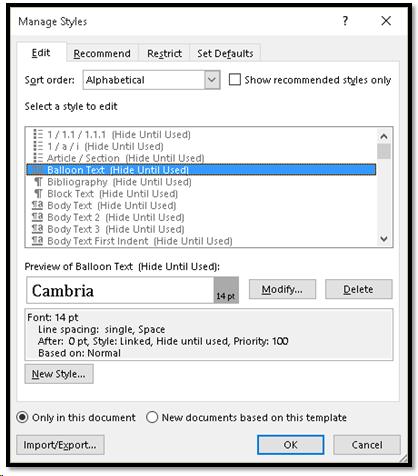 Manage Styles dialog.