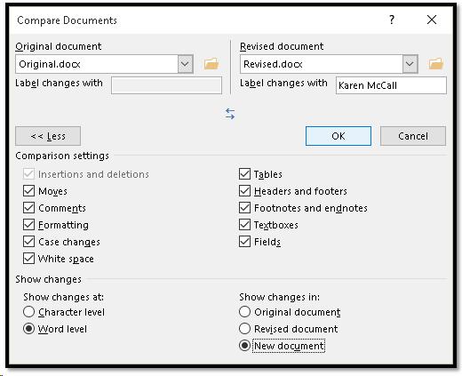 Compare Documents dialog with two documents loaded, ready to compare.