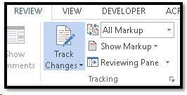 Track Changes Group in Review Ribbon showing Track Changes turned on.