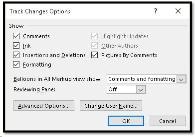 Track Changes Options dialog.