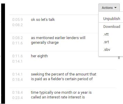 Actions submenu showing the download options for vtt, srt, and sbv.