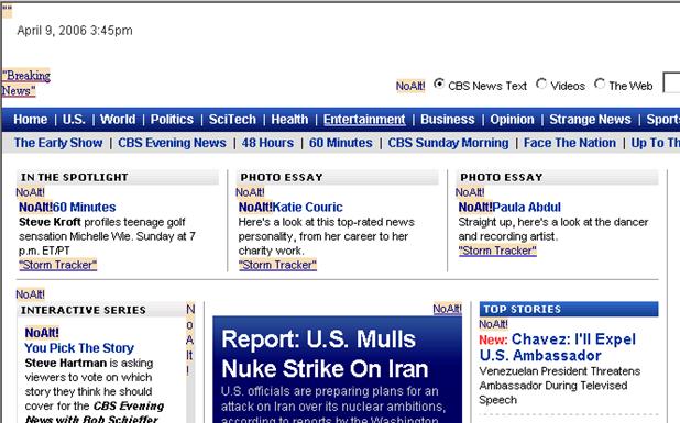 cbs news homepage with alt tags showing in same page