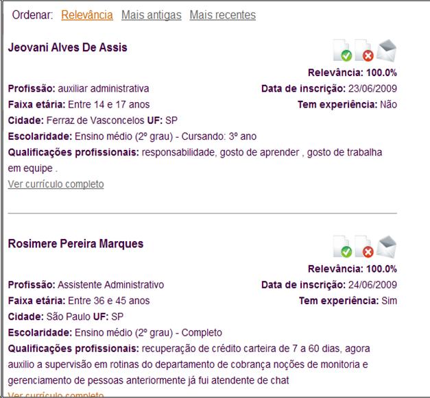 Sivc's Searching page for candidates. The top right show an envelop' symbol where a company can  contact the candidate directly. 