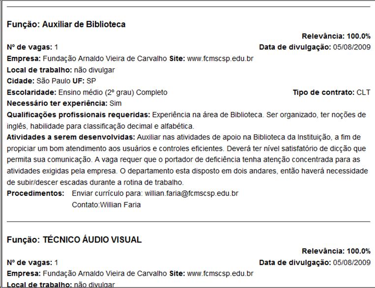 Sivc's searching page for vacancies. It shows the details of jobs activities. 