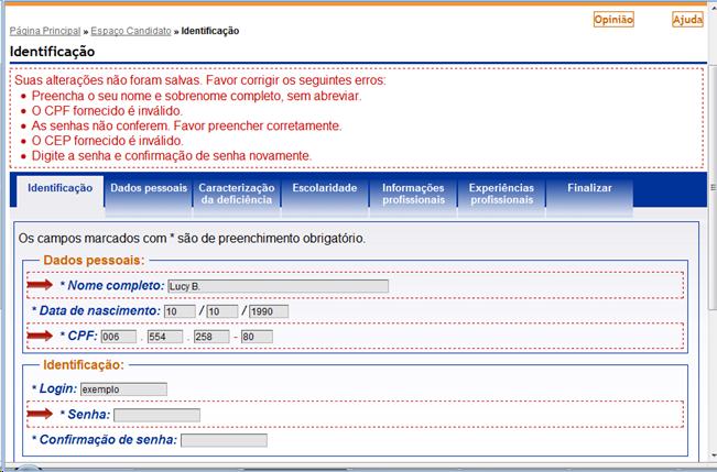 A form page image. The fields where there are errors are marked with a big red arrow.  The errors messages are grouped above the  form. Each message is a link for the correspondent field with error.   