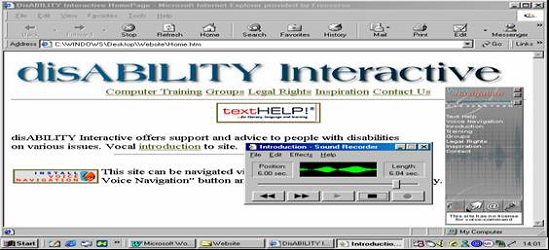 Figure 8 illustrates how the Home Page of disABILITY Interactive 
  looks with the Sound Recorder operating.